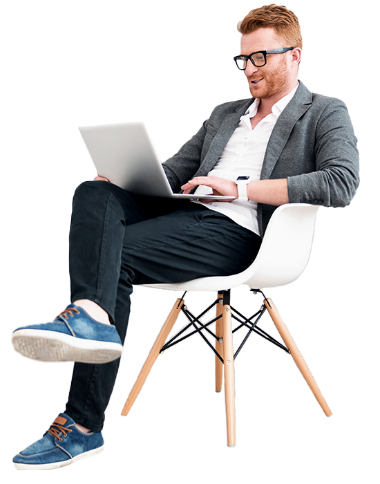A businessman is sitting with a laptop