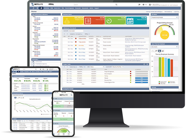NetSuite ERP screenshots on the desktop, tablet and mobile devices